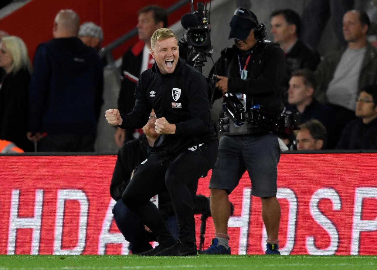 Soccer Football - Premier League - Southampton v AFC Bournemouth - St Mary's Stadium, Southampton, Britain - September 20, 2019   Bournemouth manager Eddie Howe celebrates after the match     Action Images via Reuters/Tony O'Brien    EDITORIAL USE ONLY. No use with unauthorized audio, video, data, fixture lists, club/league logos or "live" services. Online in-match use limited to 75 images, no video emulation. No use in betting, games or single club/league/player publications.  Please contact your account representative for further details.