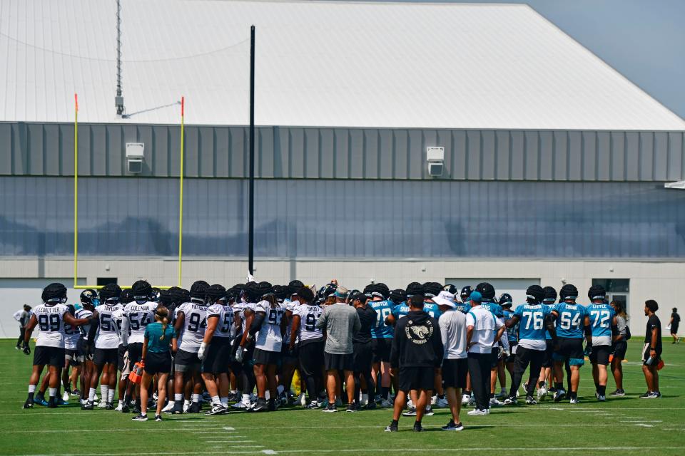 The Jacksonville Jaguars huddle Monday, Aug. 14, 2023 at Miller Electric Center at EverBank Stadium in Jacksonville, Fla. Today was the 14th training camp session. 