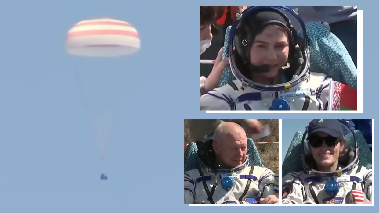  The Soyuz capsule drifts down to Earth under a parachute. The three crew members after being lifted from the capsule. 
