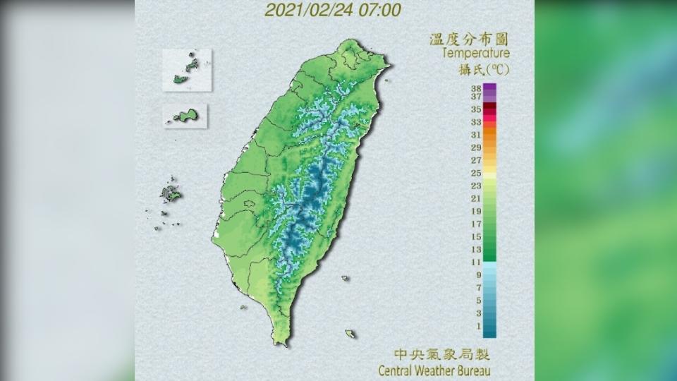 各地氣溫分布圖。（圖／中央氣象局）