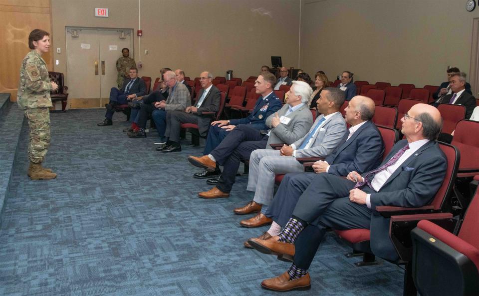 Lt. Gen. Andrea Tullos, Air University commander and president, welcomes mayors from the 10 biggest cities in Alabama to Maxwell AFB to provide a deeper understanding on the university’s impact to the region, state and throughout the Air Force, April 11, 2023.