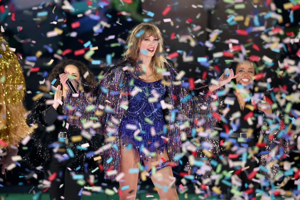 Taylor Swift performs onstage for night one of Taylor Swift | The Eras Tour at GEHA Field at Arrowhead Stadium on July 07, 2023 in Kansas City, Missouri