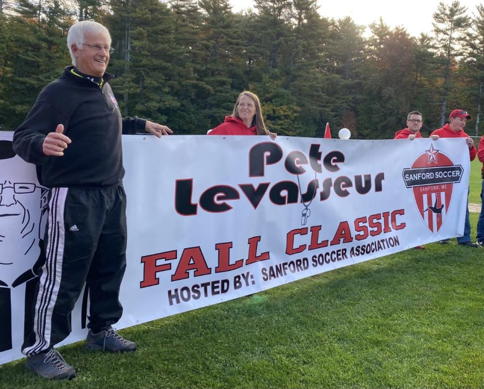 Pete Levasseur, of the Sanford Soccer Association, was quite surprised to see this banner when he reported to Shaw's Field in Sanford, Maine, on Saturday, Oct. 8. Much to his surprise, the association officially had named its annual soccer tournament after him.