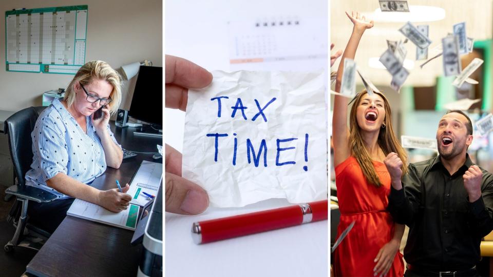 A woman working from home on the left, a handwritten note that says "tax time" in the centre, and a woman and man celebrating with money flying in the air on the right.