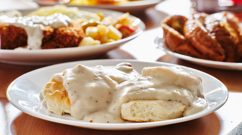 biscuits and gravy on breakfast table