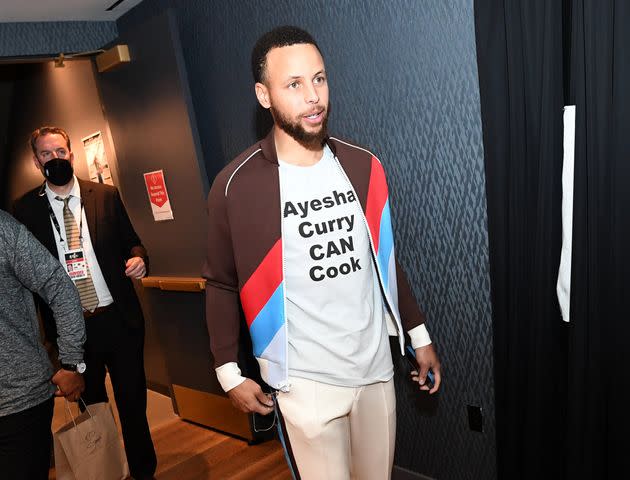 Stephen Curry of the Golden State Warriors walks to the press conference after Game Five of the 2022 NBA Finals against the Boston Celtics on June 13. (Photo: Noah Graham via Getty Images)