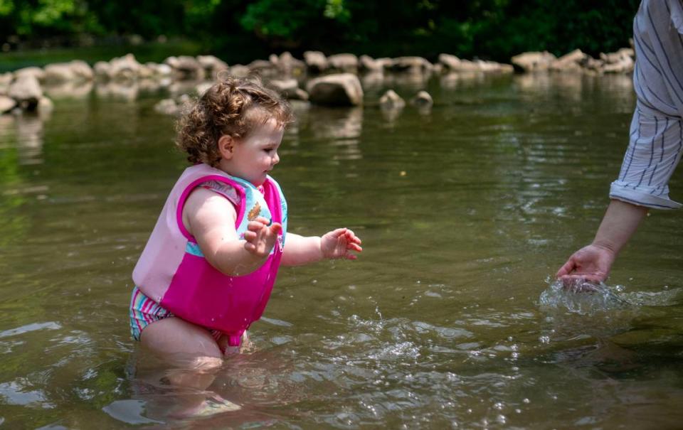 Willow Taylor splashes in a portion of Spring Creek in Bellefonte to stay cool with her family on Friday, June 21, 2024.