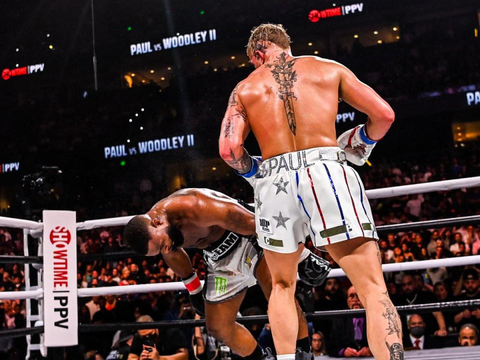 Jake Paul (right) knocked out former UFC champion Tyron Woodley in December (AFP via Getty Images)