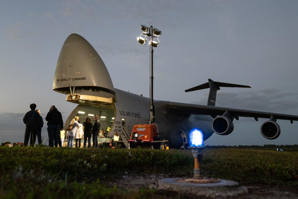 An Air Force C-5M Super Galaxy transport is seen at Kennedy Space Center's Launch and Landing Facility on Wednesday, Nov. 10, 2021, with the NOAA's GOES-T spacecraft. Once on orbit, the satellite will help forecasters and scientists better understand weather and climate.