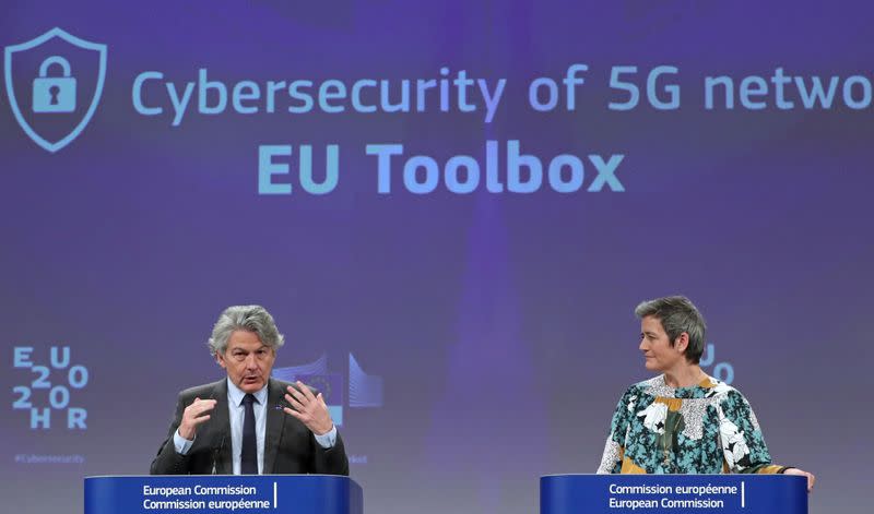 European Digital Economy Commissioner Vestager and European Commissioner for the Internal Market Breton communicate on the EU's 5G plan in Brussels