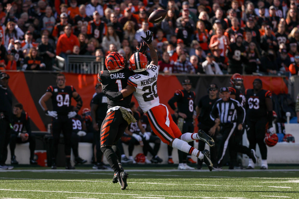 Two impressive first-round rookies, Greg Newsome II of the Cleveland Browns and Ja'Marr Chase of the Cincinnati Bengals, raised the talent level in the AFC North in 2021. (Photo by Dylan Buell/Getty Images)