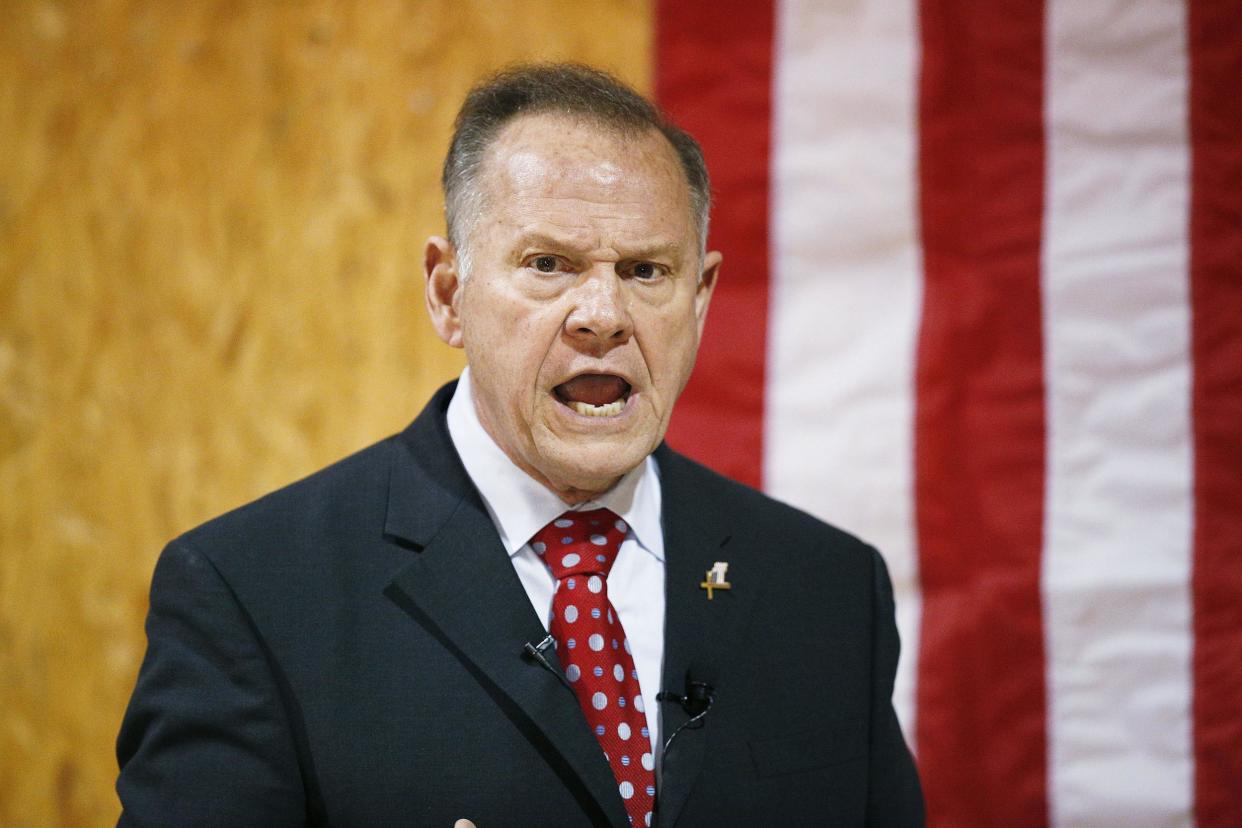 Former Alabama Chief Justice and US Senate candidate Roy Moore speaks at a campaign rally: AP Photo/Brynn Anderson