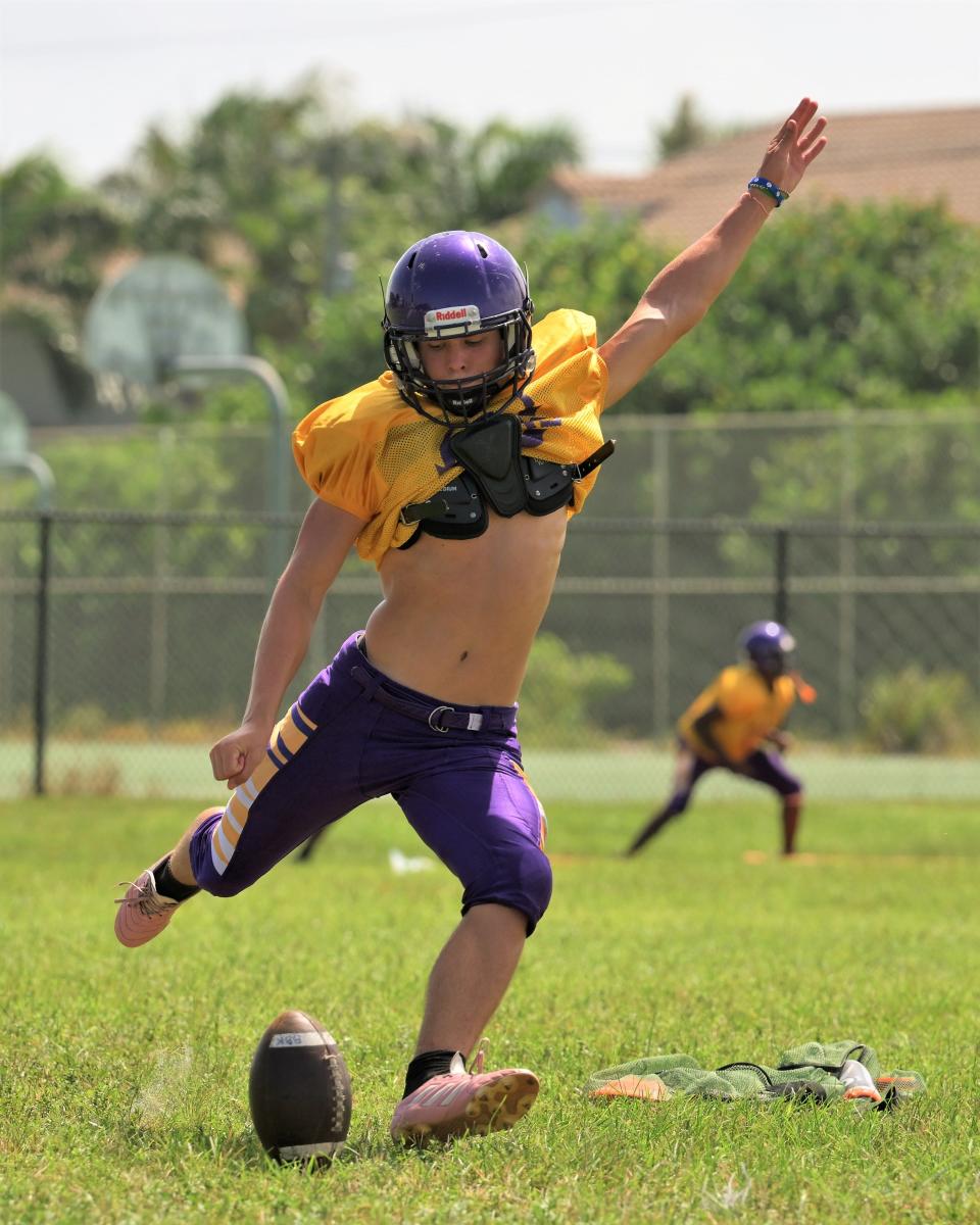 Boynton Beach's Derek Cole, practicing his field-goal kicks, kicked the game-winner last season against King's Academy to help the Tigers to their first home playoff victory.
