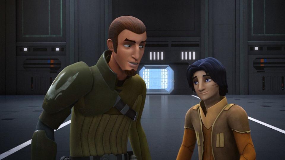 Kanan Jarrus and Ezra Bridger smiling on Star Wars Rebels