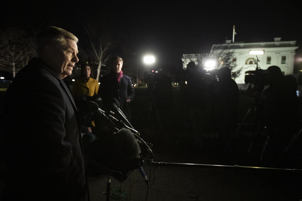 Sen. Lindsey Graham, R-S.C., speaks to reporters outside the West Wing on the North Lawn of the White House, Thursday, Dec. 19, 2019, in Washington. (AP Photo/Manuel Balce Ceneta)