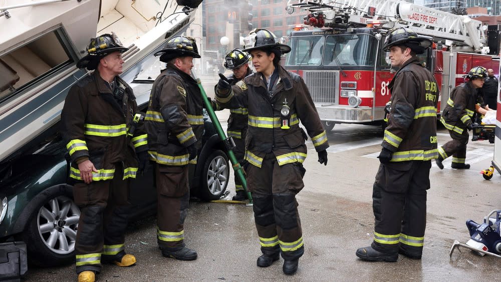  David Eigenberg as Christopher Herrmann, Christian Stolte as Randy “Mouch” McHolland, Miranda Rae Mayo as Stella Kidd, Jake Lockett as Carver in Chicago Fire. 