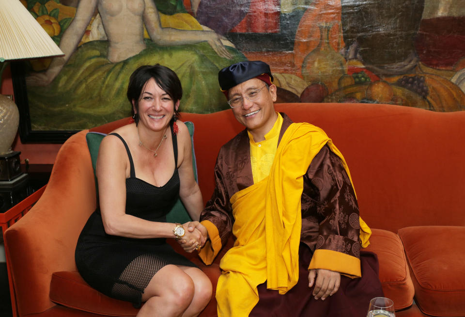 NEW YORK, NY - JUNE 05: TerraMar's Ghislaine Maxwell (L) and his holiness the Gyalwang Drukpa attend a reception at Ghislaine Maxwell’s residence after "StarTalk Live! Water World" Panel Discussion on June 5, 2014 in New York City. (Photo by Andrew Toth/Getty Images)