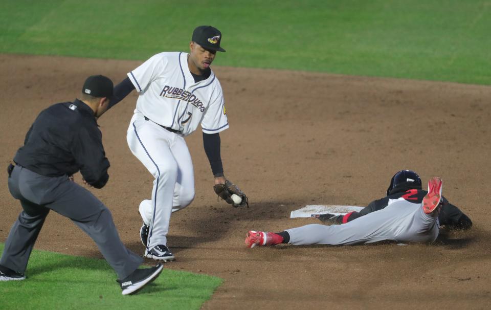 Erie's Trei Cruz slides in past Akron RubberDucks shortstop Jose Tena for a sixth-inning stolen base, Thursday, April 6, 2023.