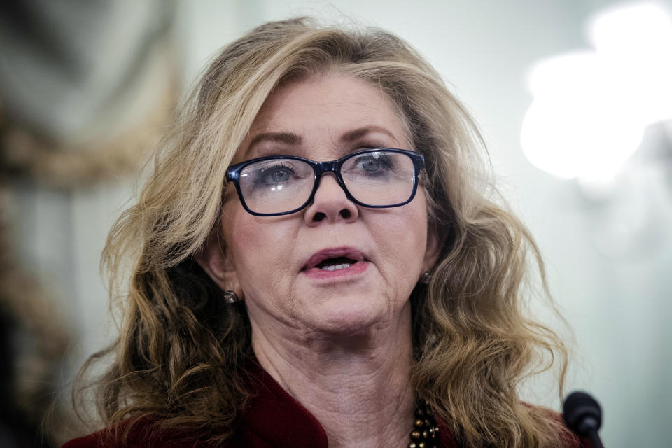 FILE - Sen. Marsha Blackburn, D-Tenn., speaks during a Senate Commerce, Science, and Transportation Subcommittee on Consumer Protection, Product Safety, and Data Security hearing to examine COVID-19 fraud and price gouging, on Feb. 1, 2022 on Capitol Hill in Washington. Two widely supported bills are encountering delays in the Senate. The House easily approved the measures last week with broad bipartisan support. (Bill O'Leary/The Washington Post via AP, Pool)