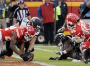 <p>Kansas City Chiefs defensive back Marcus Peters (22) recovers a fumble in the end zone in front of Jacksonville Jaguars tight end Ben Koyack (83). The ball was fumbled by Jacksonville Jaguars running back Chris Ivory, second right, during the second half of an NFL football game in Kansas City, Mo., Sunday, Nov. 6, 2016. (AP Photo/Charlie Riedel) </p>