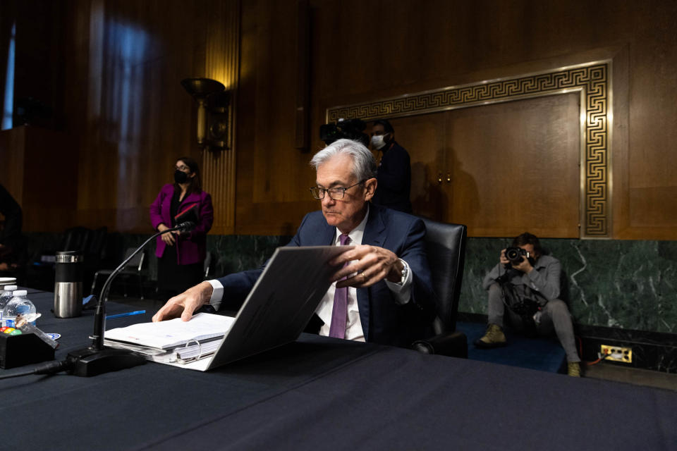 WASHINGTON, DC - JANUARY 11: Jerome H. Powell, Chair of the Board of Governors of the Federal Reserve, prepares to leave at the end of a confirmation hearing before the Senate Banking, Housing and Urban Affairs Committee on January 11, 2022 in Washington, DC. Powell has been nominated by President Joe Biden to serve a second term as Chair of the Federal Reserve. (Photo by Graeme Jennings-Pool/Getty Images)