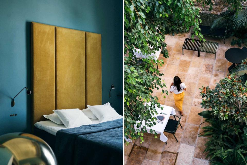 Two photos from the hotel Aristide on the Greek island of Tinos, showing a guest room, and the courtyard