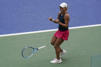 Yulia Putintseva, of Kazakhstan, reacts after defeating Petra Martic, of Croatia, during the fourth round of the US Open tennis championships, Sunday, Sept. 6, 2020, in New York. (AP Photo/Seth Wenig)