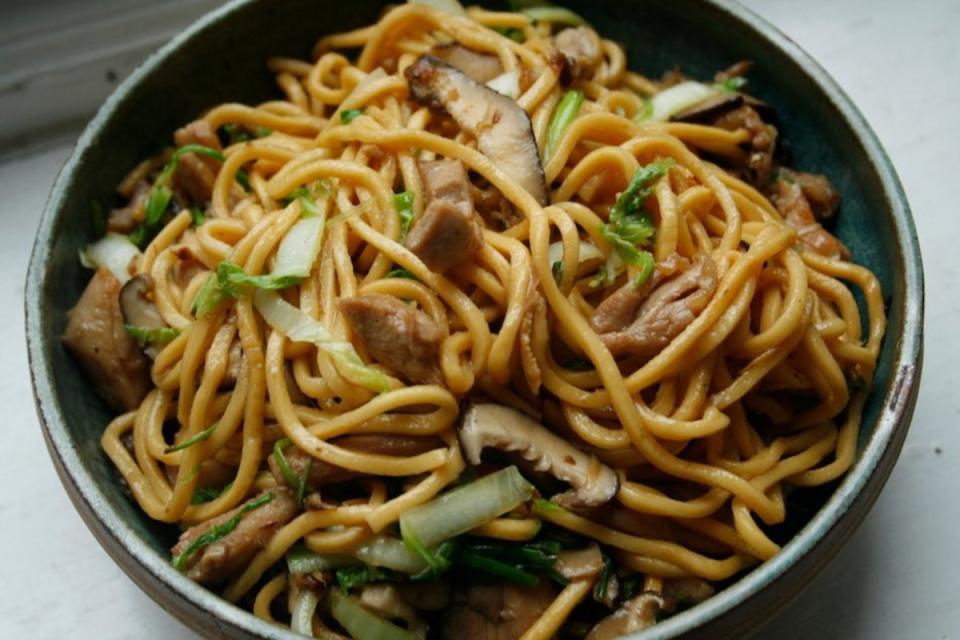 <p>Grace Young</p><p>Tasty noodles include chicken, mushrooms, napa cabbage and spices.</p><p><strong>Get the recipe:</strong> <a href="https://parade.com/259010/parade/grace-youngs-chicken-lo-mein-with-ginger-mushrooms-for-chinese-new-year/" rel="nofollow noopener" target="_blank" data-ylk="slk:Longevity Noodles (Chicken Lo Mein with Ginger Mushrooms);elm:context_link;itc:0;sec:content-canvas" class="link ">Longevity Noodles (Chicken Lo Mein with Ginger Mushrooms)</a></p>
