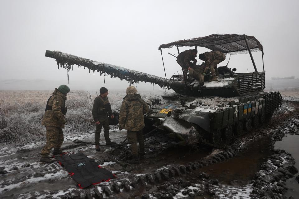 Ukrainian tank crews take part in a drill not far from the front line in the Bakhmut direction in the Donetsk region on Friday (AFP via Getty Images)