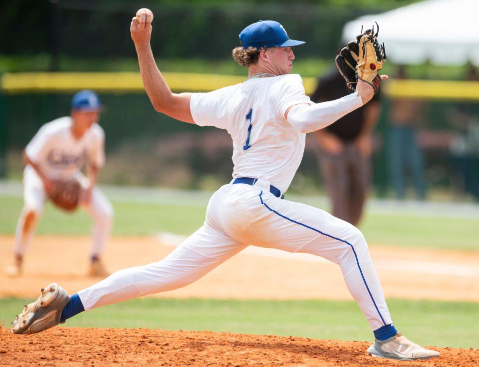 Lakeside's Colton Sampson (1) pitches during the AISA Class AA baseball state championship at Paterson Field in Montgomery, Ala., on Tuesday, May 7, 2024. Lakeside defeated Edgewood 10-0 in the first game and 14-9 in the second to win the championship.