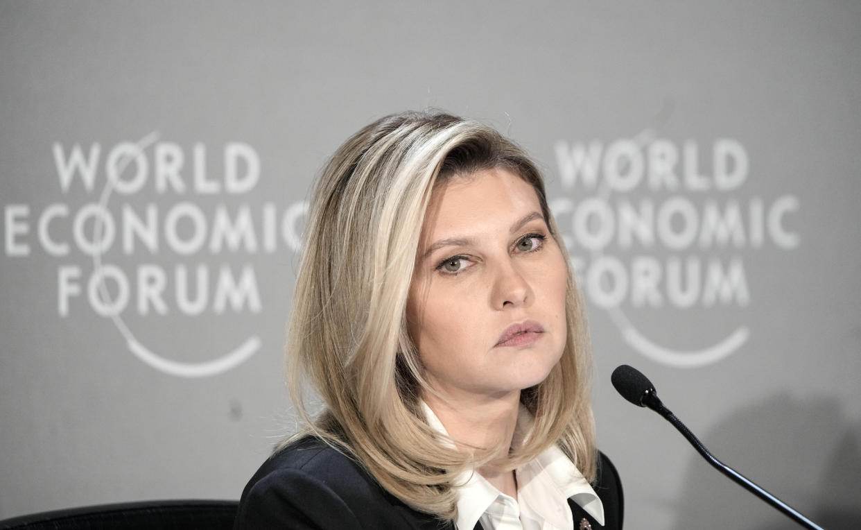 First Lady of Ukraine Olena Zelenska is pictured at a press conference at the World Economic Forum in Davos, Switzerland Wednesday, Jan. 18, 2023. The annual meeting of the World Economic Forum is taking place in Davos from Jan. 16 until Jan. 20, 2023. (AP Photo/Markus Schreiber)