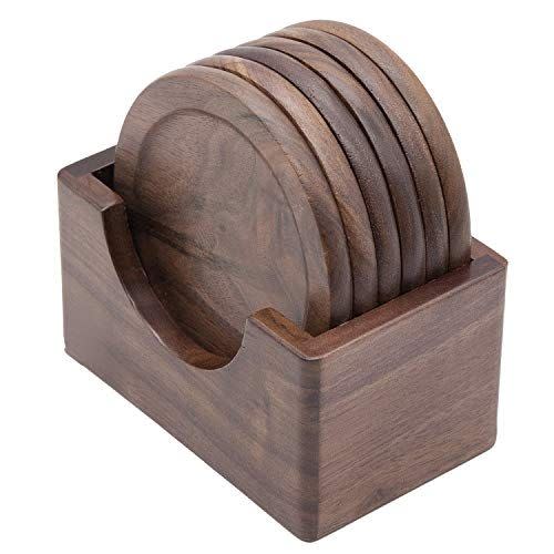 14) GOH DODD Walnut Drink Coasters, 6 Pieces Wood Coasters Set with Holder, 100% Natural and Organic Dinner Decor Centerpiece for Home Office Table