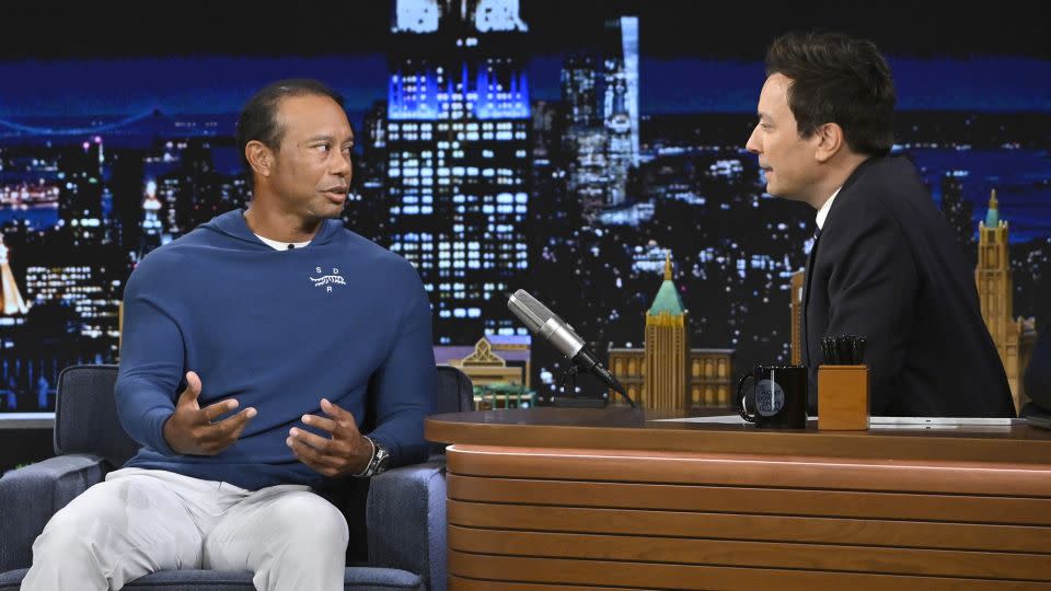 Woods speaking to Jimmy Fallon on "The Tonight Show Starring Jimmy Fallon." - Todd Owyoung/NBC/Getty Images