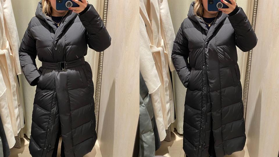 composite of person wearing Larissa Long Belted Puffer Coat from reiss