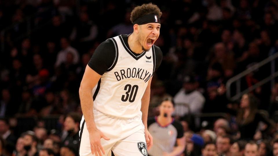 Feb 16, 2022;  New York, New York, USA;  Brooklyn Nets guard Seth Curry (30) reacts against the New York Knicks during the fourth quarter at Madison Square Garden