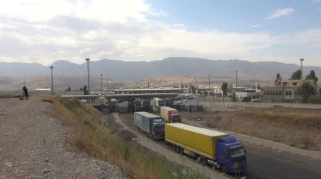 Trucks are seen at the Habur Border Gate in this still taken from video in Habur, Turkey October 31, 2017. REUTERS TV/ via REUTERS