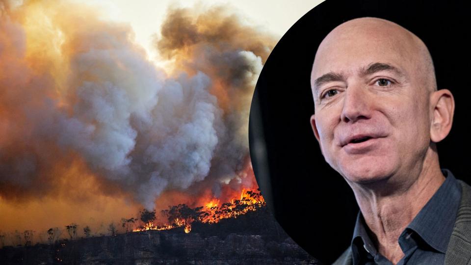 Pictured: Amazon founder Jeff Bezos, Australian bushfires. Images: Getty