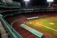 <p>A general view of the auxiliary extended dugout tents during an exhibition game between the Boston Red Sox and the Toronto Blue Jays before the start of the 2020 Major League Baseball season on July 21, 2020 at Fenway Park.</p>