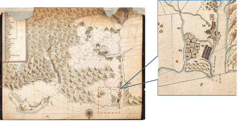 《淡水與其附近村社暨雞籠島略圖》局部圖，框內為近400年前公司田溪首度登上了世界舞台。   圖片：翁佳音，《大台北古地圖考釋》，台北：稻鄉，2006年，新北市政府水利局／提供