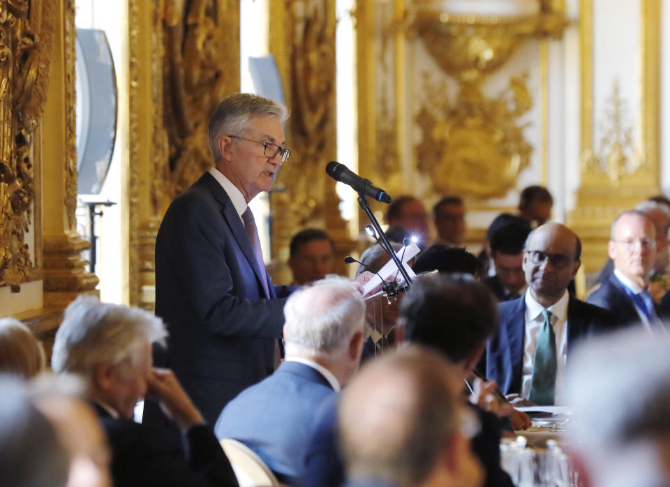 U.S. Federal Reserve Chairman Jerome Powell speaks during a dinner hosted by the Bank of France in Paris, Tuesday, July 16, 2019. Finance officials from the Group of Seven rich democracies will weigh risks from new digital currencies and debate how to tax U.S. tech companies like Google and Amazon when they meet in the Paris suburb of Chantilly tomorrow. (AP Photo/Michel Euler)