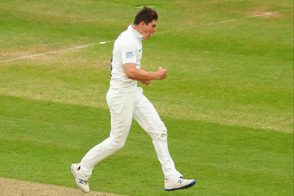 Ethan Bamber celebrates one of his 48 wickets this summer (Getty Images)