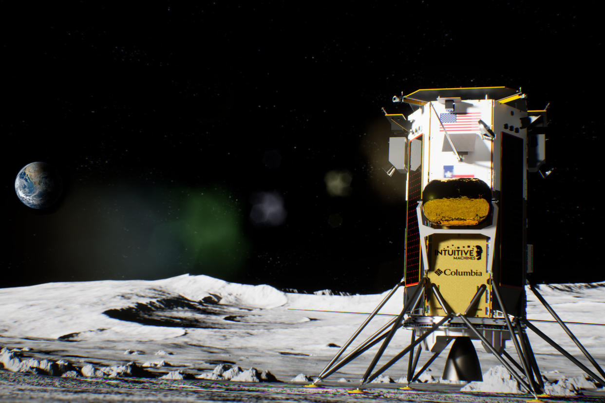 nova-c lunar lander with columbia logo on moon