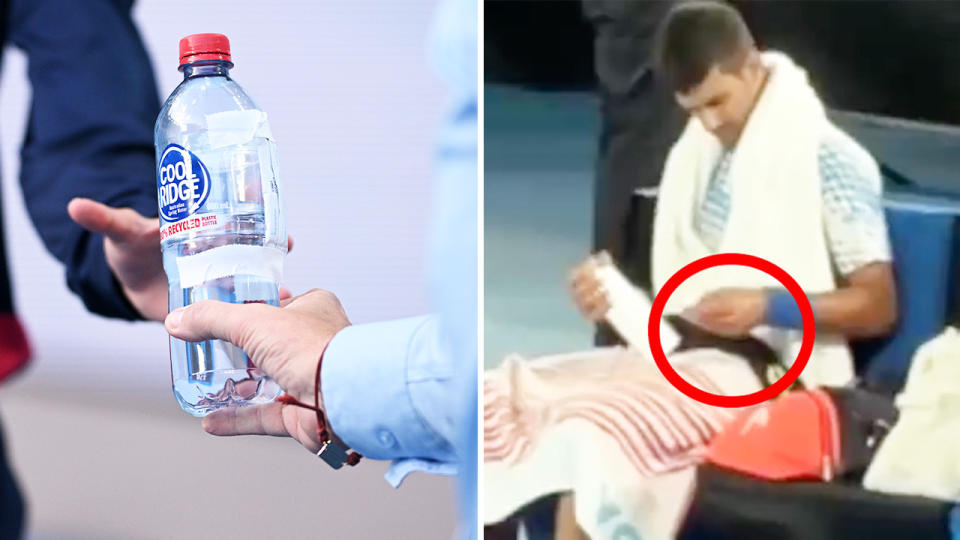 Novak Djokovic, pictured here receiving a note on his drink bottle at the Australian Open.