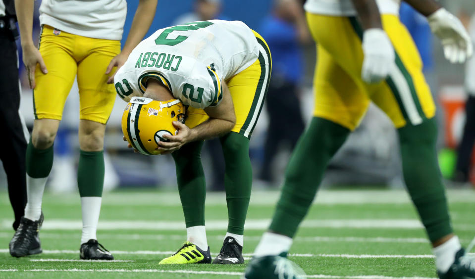 Mason Crosby has a brutal day kicking for the Green Bay Packers, missing five kicks in a one-possession loss to the Detroit Lions. (Getty)
