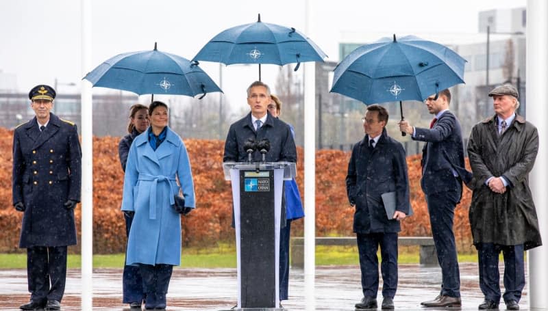 (L-R) Swedish Chief of Defence General Micael Byden, Sweden's Crown Princess Victoria, NATO Secretary General Jens Stoltenberg, Sweden's Prime Minister Ulf Kristersson and NATO Permanent Representative Axel Wernhoff speak during a press conference during a ceremony to mark the accession of Sweden to NATO at NATO headquarters. -/NATO/dpa