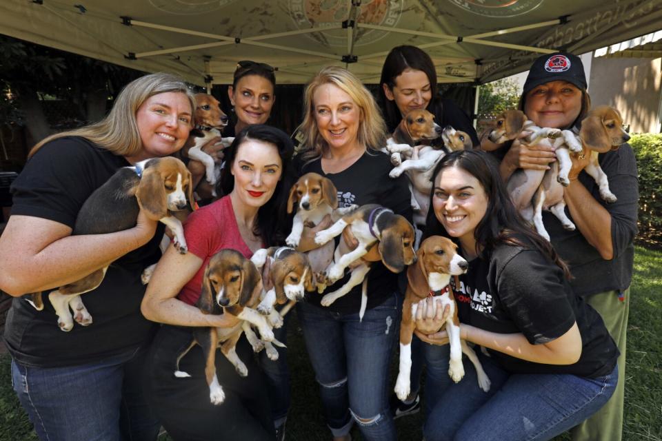 Shannon Keith, center, is surrounded by a group of staffers and foster volunteers.