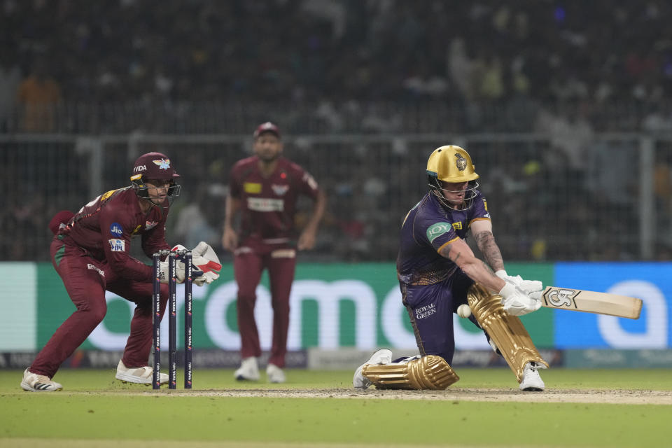 Kolkata Knight Riders' Jason Roy plays a shot during the Indian Premier League cricket match between Kolkata Knight Riders and Lucknow Super Giants in Kolkata, India, Saturday, May 20, 2023. (AP Photo/Bikas Das)