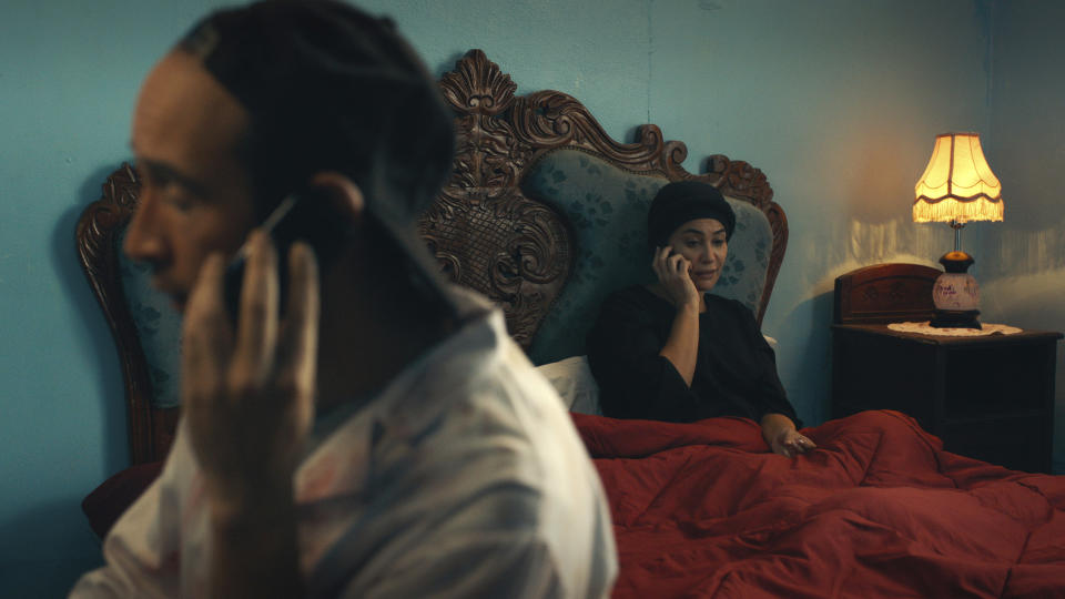 This image provided by Kino Lorber shows Majd Mastoura and Hend Sabri in the movie Four Daughters, filmed in Tunis, Tunisia. The film about a Tunisian family and the radicalization of two teenage daughters who joined the Islamic State is up for one of the most prestigious film awards in the world. (Kino Lorber via AP)