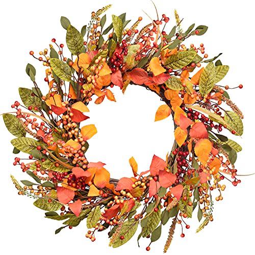 Artiflr 18 inch Fall Wreath Red Berry Wreath, Artificial Autumn Maple Leaf Harvest Thanksgiving Door Wreath for Front Door with Leaf and Berry