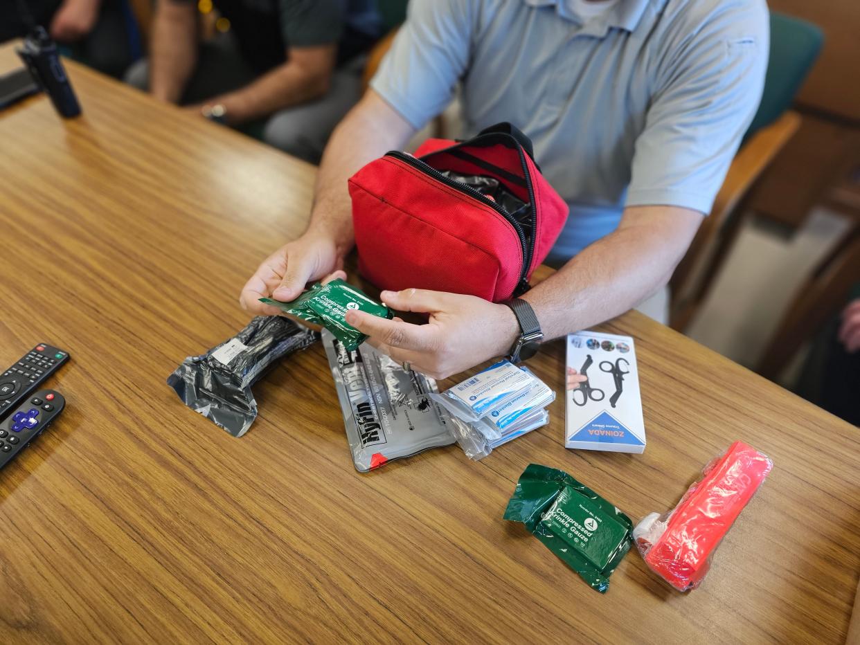 Robert Baran, director of emergency services in Manchester, shows wound-packing supplies contained inside an emergency first aid kit on May 22, 2024. Central Regional School District officials are raising money to put the kits into every classroom.